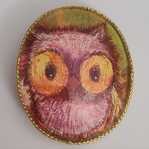 Vintage Owl Cameo Porcelain Brooch Pin 40's 50's Estate Jewelry Euc